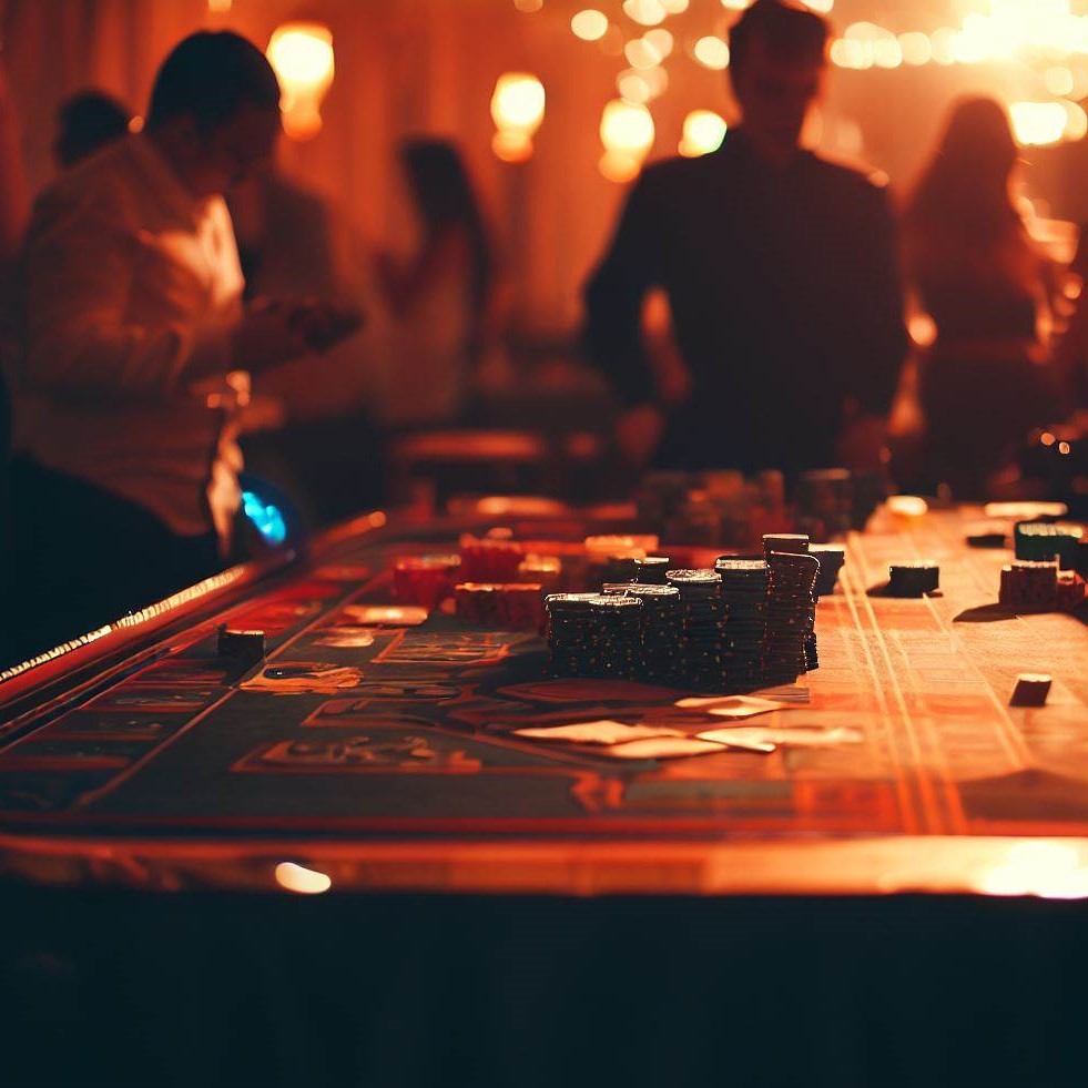 Game table with poker chips and gaming cards, set for play.