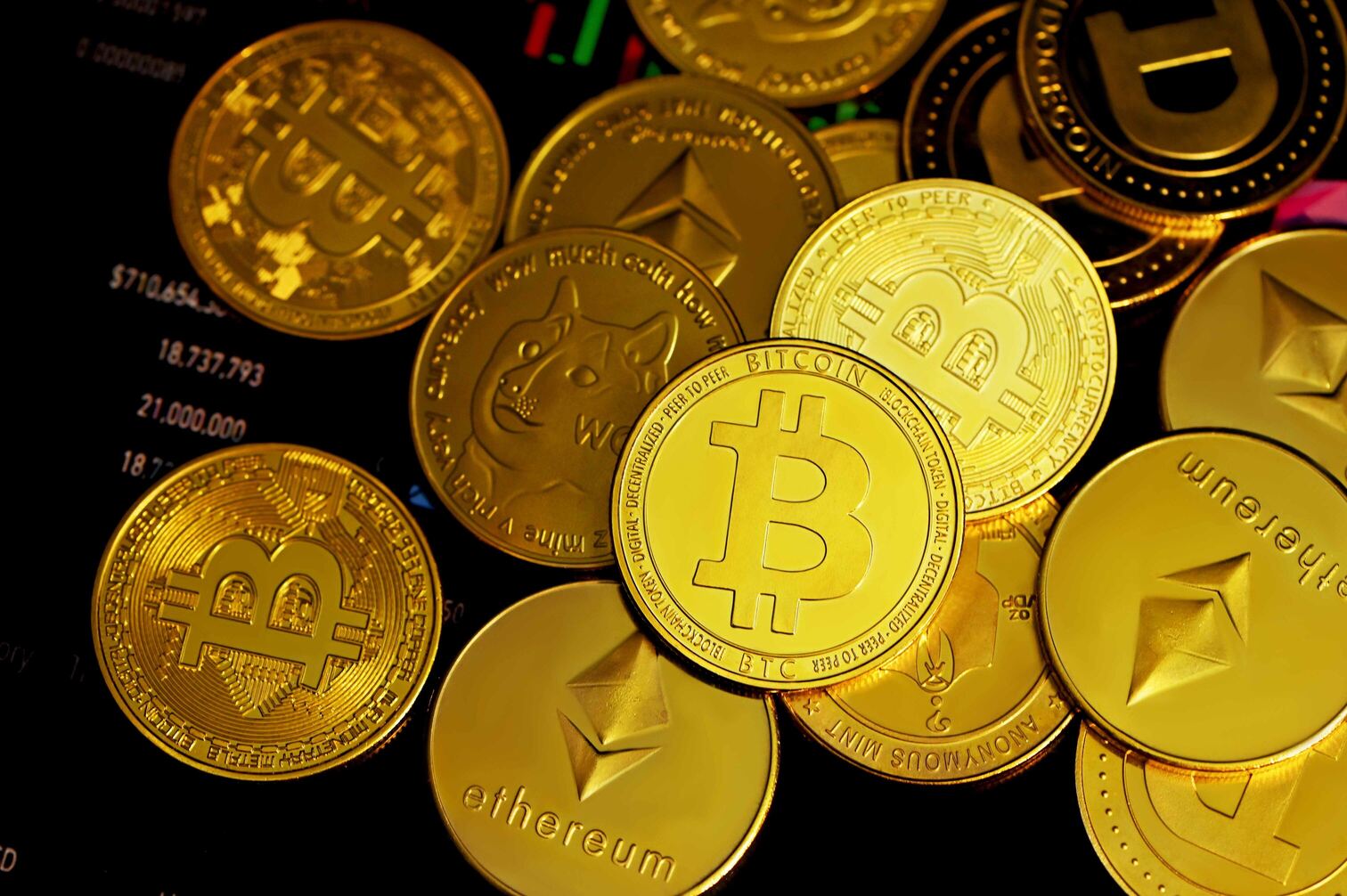 Gold cryptocurrency coins, such as Bitcoin, Ethereum, etc.