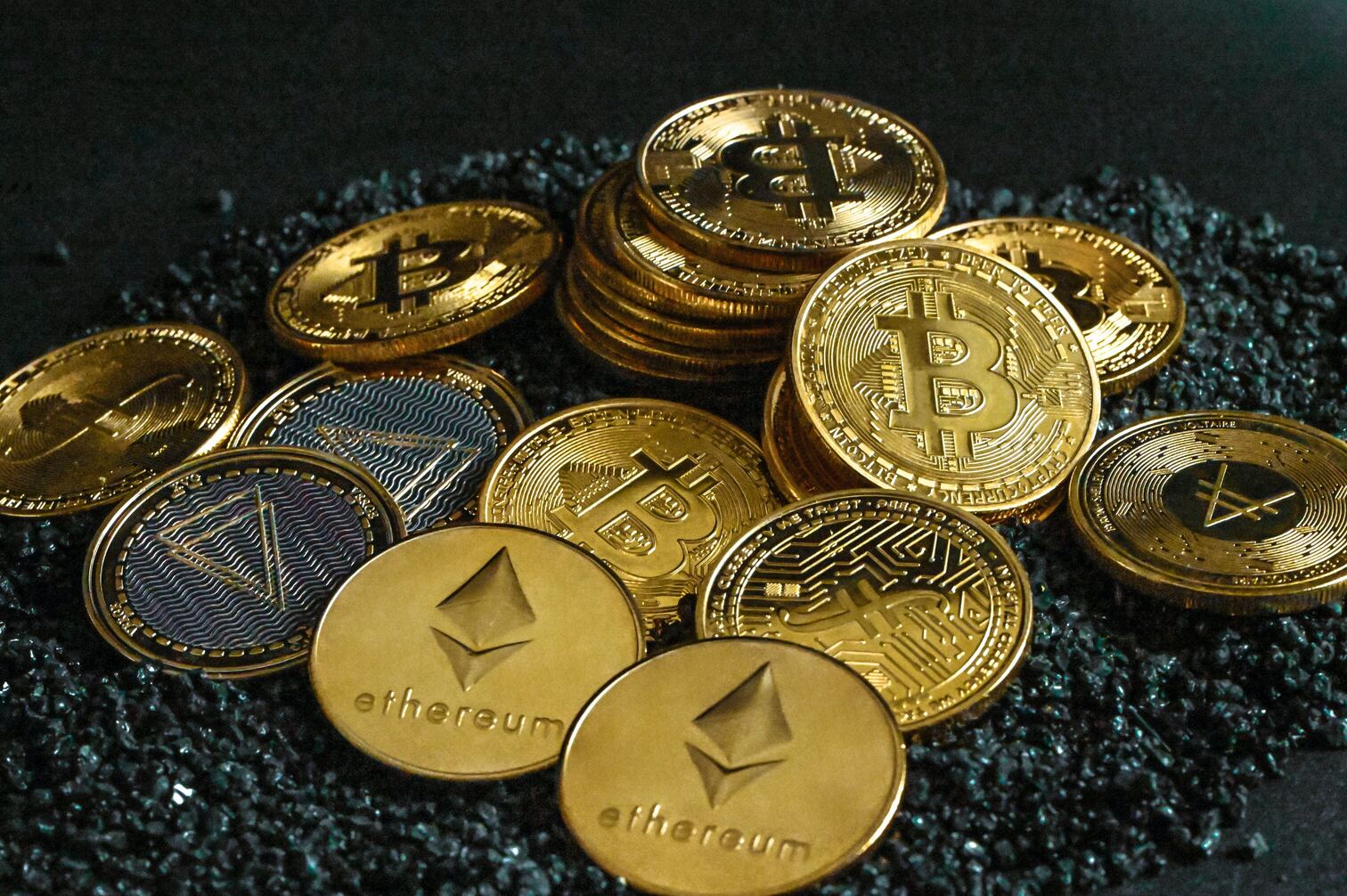 Gold cryptocurrency coins.